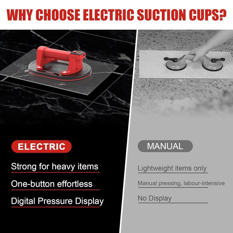 DEWINNER 10" Electric Glass Suction Cup Lifter, 600 LBS Max Load Vacuum Glass Lifter with 1200mAh Battery, Auto Start Pump, Industrial Strength Vacuum Suction Cup for Glass, Tile, Granite, Metal - Image 4